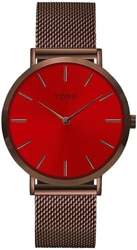 TORII Damenuhr Rot Edelstahl - rund Quarz D38DM.TD Milanaise-Armband Strichindizes wasserdicht 50 m