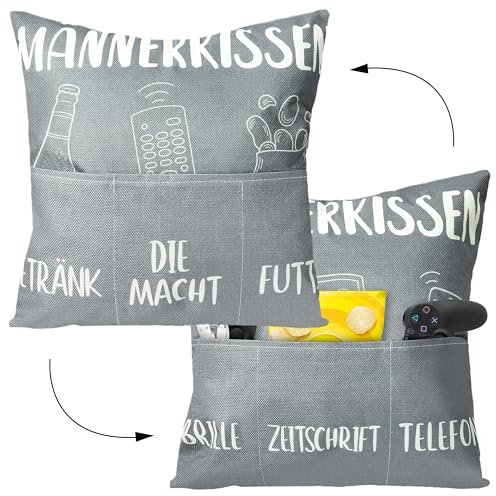GoaePode Männerkissen mit 3 Taschen, Lustige Dekokissen Kissen für Bier Snacks, Kissen mit Spruch zum selbst Befüllen als Geschenk, Männer Kopfkissenbezug Geburtstag Geschenk für Männer Papa, Weiß