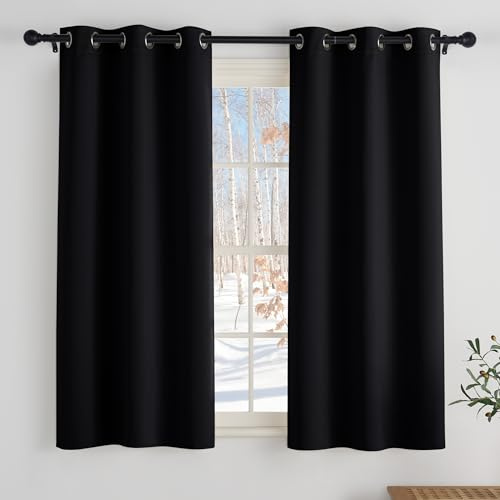 PONY DANCE Schwarze Vorhänge Kurz Blickdichte Gardinen mit Ösen | 2er Set, H137 x B90 cm, Lichtundurchlässig, Thermovorhang gegen Kälte, Scheibengardinen, für Schlafzimmer, Blackout