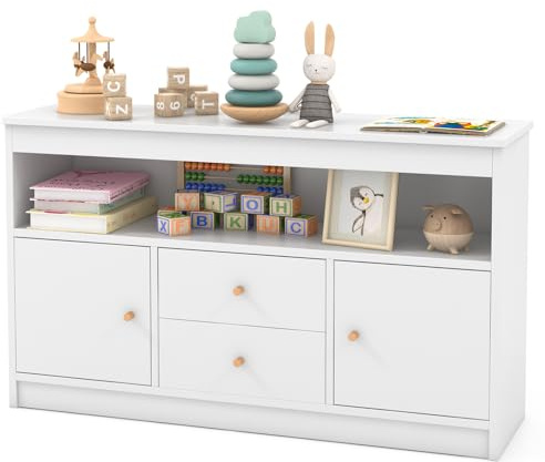 GYMAX Armadio di Giocattoli per Bambini, Mobile con 2 Cassetti, 2 Armadi Chiusi e 1 Scomparto Aperto, Scaffale Libreria in Legno da Pavimento per Sala Giochi, Asilo, Cameretta, 106x30x62 cm (Bianco)