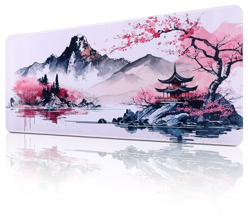 JIZZU Tapis de Souris XXL Gaming, 800 x 300mm Tapis de Bureau Antidérapant Étanche, Grand Tapis Souris avec à Bords Cousus pour Gamer et Bureau (Rouge Sakura)