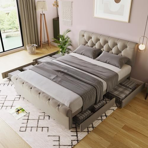 Polsterbett 140x200, Doppelbett mit 4 Schubladen und Höhenverstellbarem Kopfteil, Bett Stauraumbett Jugendbett Funktionsbett Rückenlehne Bettgestell mit Lattenrost, Leinen, Ohne Matratze, Natürlich