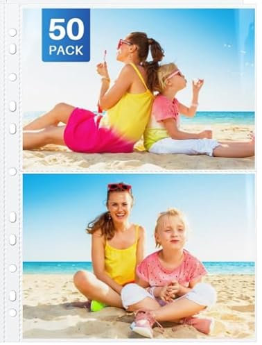 WenYa 50-Pack A4 2-Pocket Photo Sleeves for 6x8 Photos & A5 Documents, Side-Loading Clear Punch Pockets for 2/4 Ring Binder, Holds 100/200 Items Total - for Photos, Recipes, Inserts