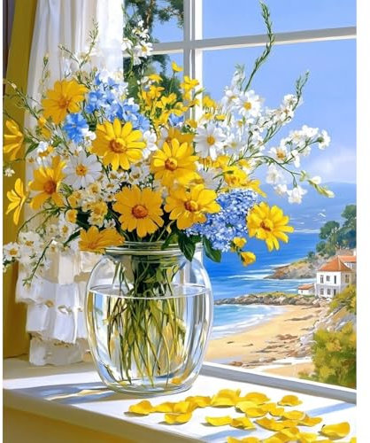 MAXBYE Peinture Numéros pour Adulte, DIY Acrylique avec Peintures et Pinceaux pour Débutants, Fleurs Jaunes Simple Kits de Painting au Number Pour la Décoration de la Maison Cadeau 40x50cm