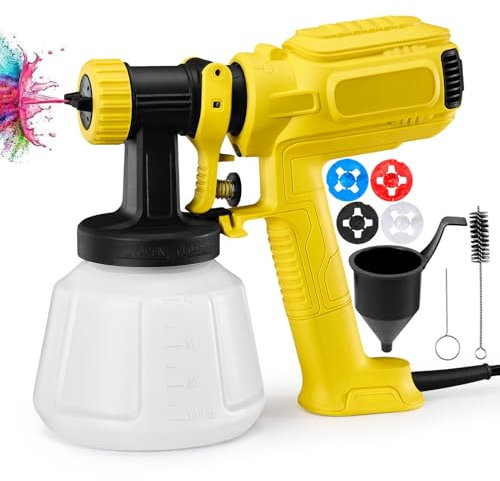 INMOZATA Pulverizador de pintura, 1200 ml, pistola eléctrica de pintura con 4 boquillas y 3 patrones para paredes y techos, cobertizos, pintura de casa (amarillo)