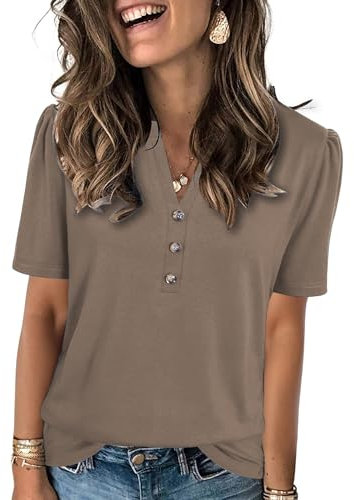 Famulily Womens Elegant Office Work Tops Smart Fitted Long Blouse Short Sleeve Shirts Coffee M