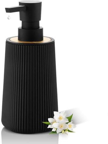 Gigmeta Moderne Seifenspender, Seifenspender Bad, Küchen Spülmittelspender, Schwarze Pumpspender für Soap Dispenser für Badezimmer und Arbeitsplatten - Rund Teak Stil