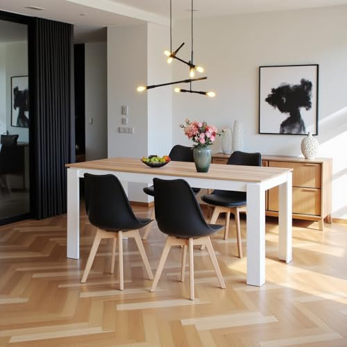 FURNITABLE Esstisch mit 4 Stühlen Esszimmergruppe, Esszimmerstühle und Rechteckig Küchentisch Essgruppe Sitzgruppe für Wohnzimmer Küche Büro(160cm Eiche-Weiß Tischbein Tisch+4 Schwarz Stühle)