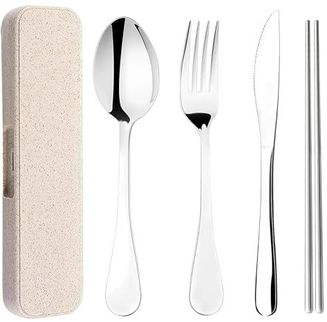 Travel Cutlery Set, Stainless Steel Travel Cutlery Set with Case, Reusable Knife Fork Spoon Set Travels with Spoon Knife Fork Chopsticks, for Picnic School Office