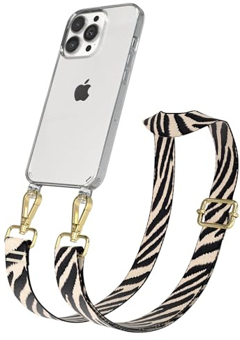 EAZY CASE Handykette - Verstellbares Taschenband kompatibel mit iPhone 13 Pro, Schulterriemen, Handykordel mit Silikon Hülle, Umhängetasche, Zebra - Schwarz Beige Gold