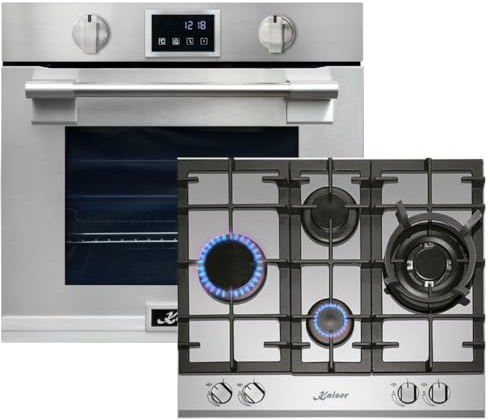 Kaiser EH 6339 + KG 6364 - Forno da incasso Autark XXL 86L, con pirolisi e AirFry, display touchscreen, manopola, piano cottura a gas, 60 cm, in acciaio inox, 3,8 kW WOK