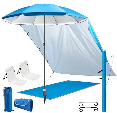 4smile Sonnenschirm Strand 6er-Set Blau – UV50+-Schutz, Ø 200 cm, mit großer Stranddecke (1,5 x 2 m), zwei Strandliege, praktischem Sonnensegel Strand, Schirmständer Erdspieß & robuster Schirmhülle