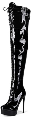 Veelau Meieer Damen Stiefel Plateau Stiletto Overknees Schnürstiefel mit Reißverschluss High Heels Boots mit Riemen Schwarz 47 EU