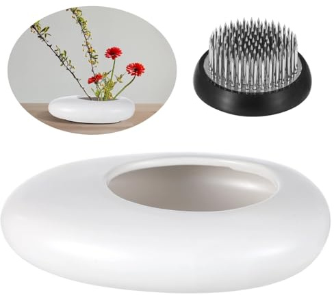Keramikvase-Ikebana-Set, Keramikblumentopf mit Kenzan-Blumenhalter, kieselsteinförmige Blumenschale, dekorative Floristikartikel für Tischdekorationen, Blumenarrangement-Artikel für Dekorationen