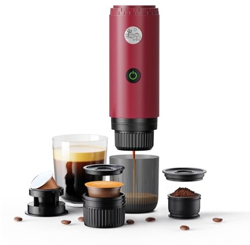 RECAFIMIL Tragbare 3-in-1-Kaffeemaschine, tragbare 19-bar-Espressomaschine mit automatischer Erwärmung, kompatibel mit NS- und DG-Kapseln und gemahlenem Kaffee für Camping, Reisen und Zuhause (Rot)