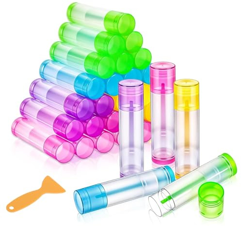 TMZELOA 30 Stück Lippenstifthülsen Leer 5g, Transparente Lippenbalsam Behälter aus Lebensmittel PP, Hülsen zum Selbst Befüllen für DIY Lippenbalsam und Lippenstift, 5 Farben mit Spatel