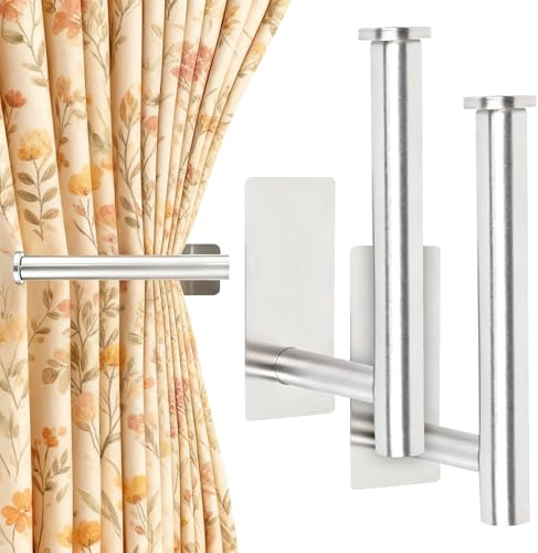 2Pcs Self Adhesive Curtain Holdbacks, No Drill Wall Mounted Tie Backs Hook | Metal, Curtain Holders for Home Living Room Bedroom Bathroom Drapery Silver