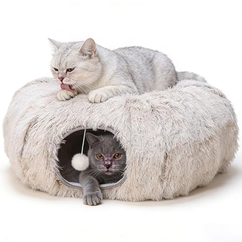 Katzentunnel Große, Katzenspielzeug mit Plüsch Katze Bett Katzentunnel mit Ball für Indoor Katzen, Multifunktionales Tunnel für Katzen, Weiches Katzenbett mit Zwei Eingängen Katzenhöhle (Kaffeebraun)