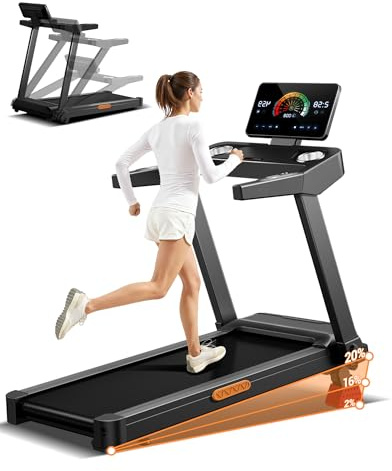 Foldable Treadmills for Home with 20% Incline, 14KM/H Treadmill with Handles, Running Machine for Heavy People, 180KG Weight Capacity, Large Running Belt and Intelligent LED Touch Screen