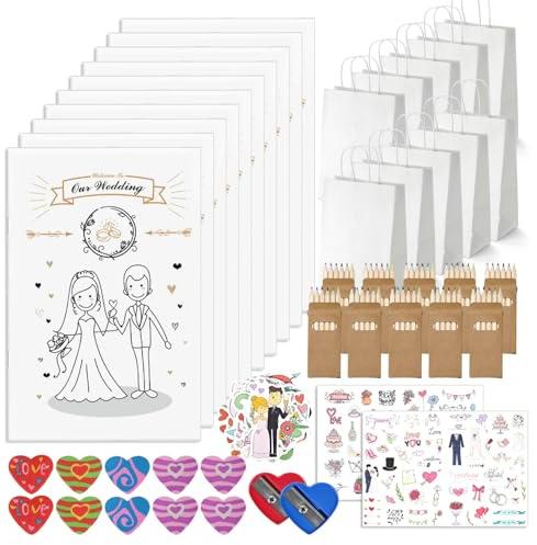 64 Teiliges Gastgeschenke Hochzeit Set mit 10 Hochzeitsmalbuch für Gäste | Kreatives Malbuch Hochzeit mit Aufklebern Geschenktüten Buntstiften Radiergummis Anspitzern,Gastgeschenke Hochzeit für Gäste