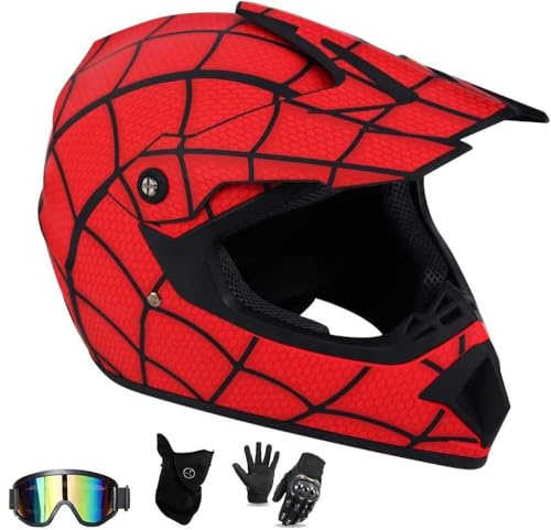 Enfants et Adolescents Casque Motocross Red/Black Stripes Casque de MTB à Visage Complet Set avec des Gants de Masque de Lunettes, pour la Descente MX AVT Moto Bike