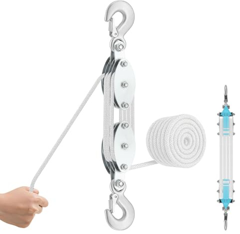 Flaschenzug Mit Seilbremse, 2000kg Max, Flaschenzug Handseilzug Mit 20m Nylon Seil Und Haken, 270° Drehbar Arbeitssparender Flaschenzug, Tragkraft Seilzug Mit Haken Für Industrielle Baustellen(White)