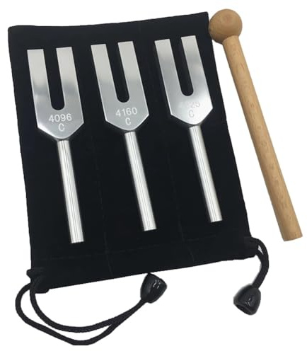 qimoi Angel Tuning Fork Set - 4096 Hz, 4160 Hz, 4225 Hz - Therapeutic Instrument Set with Wooden Strike and Storage Bag