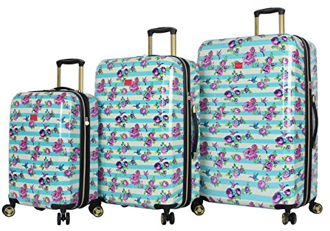 Betsey Johnson Designer Gepäckkollektion – erweiterbare 3-teilige Hartschalenkoffer, leicht, Reiseset beinhaltet 50,8 cm Handgepäck, 66 und 76,2 cm Karierter Koffer, Gestreifter Kolibri (Blau)