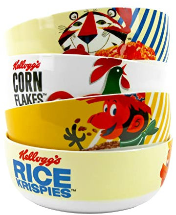 Kimm & Miller Kellogg's Vintage Cereal Bowls (Set of 4) | Large 550ml Capacity | Porcelain | Dishwasher & Microwave Safe | Coco Pops, Frosties & More