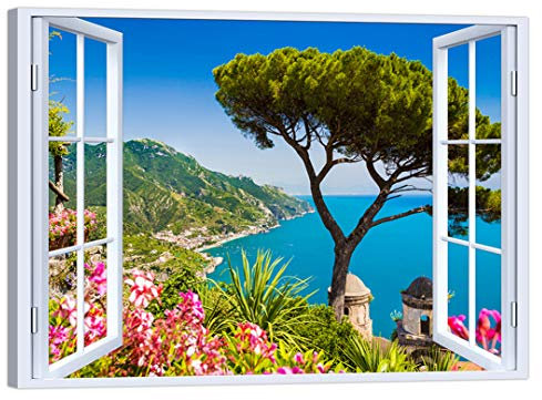 LuxHomeDecor Quadro Finestra su Ravello Costa Amalfi 100x75 cm Stampa su Tela con Telaio in Legno Arredamento Arte Arredo Moderno