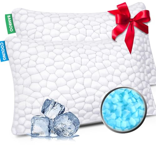 Cooling Pillow Queen Size Set of 2, CertiPUR-US Shredded Memory Foam Pillows for Sleeping, Cool Bed Pillows for Hot Sleepers, Adjustable Firm Pillow for Side,Back,Stomach Sleepers,Sleep Gift for Mom