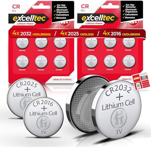 Excelltec 12pk Lithium Power Coin Battery, Assorted CR2032, CR2025, CR2016 Flat Batteries, Long-Lasting and Reliable for Car Keys, Scales, Watches, Remote Controls, and Small Electronics
