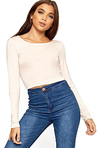 STAR FASHION Women’s Long Sleeve Crop Top Ladies Round Neck Cropped T-Shirt Short Mini Shirt Plain Printed Tops Cream-12-14