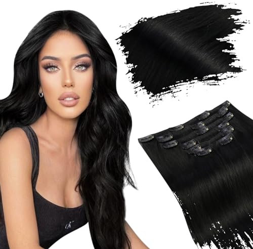 Ugeat Clip in Extensions Echthaar 50cm Schwarz #1 Haarverlängerung Echthaar Clip in Extensions Glatt Schwarz für Reisen 7 Stück 120g