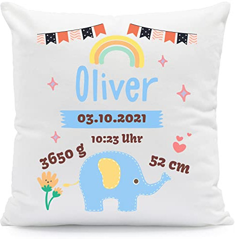 GRAVURZEILE Kissen mit Motiv - Babydaten und Elefant - Personalisierbar mit Name Datum Größe Gewicht des Kindes - Geschenk für Mama Papa Eltern - Geschenk zur Geburt Babyparty - Farbe: Blau