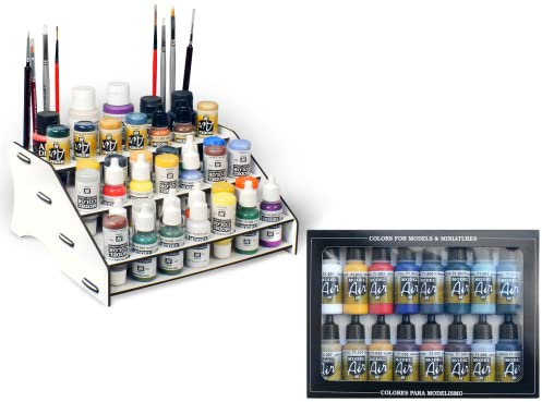 Silu-Paint Station con Kit pinturas acrilicas Vallejo para aerografo modelismo, Organizador pinturas acrilicas y pinceles para Mesa de Trabajo, pintar Miniaturas, Modelismo, W40k