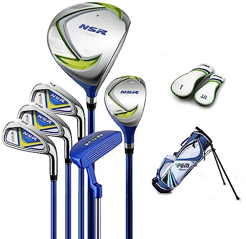 PGM Golf Club Set - 9 Pieces Junior Complete Golf Club Set for Kids Children - Right Handed - Driver(#1), Hybrid, Iron(#7,#9,#S), Putter, Golf Stand Bag