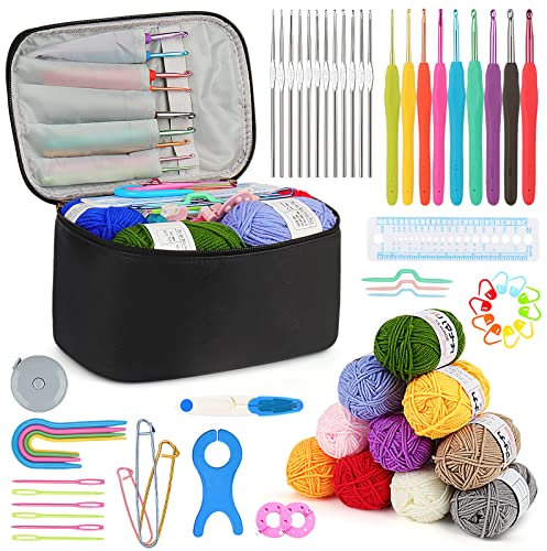 Aeelike 64 Stück Häkelnadel Set Schwarz Häkelset für Anfänger, Bunte Häkelnadeln mit Weichem Griff für Häkelgarn und wolle, 0,6 mm - 6,0 mm Ergonomische Häkelnadeln Set mit Häkeltasche, Zubehör