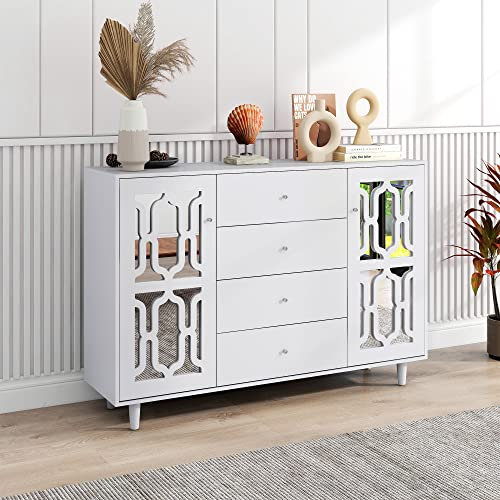 Azkoeesy Buffet 147 x 40 x 102 cm - Commode à 4 tiroirs avec 2 portes en miroir en verre - Avec poignées en cristal froid - Pour salon et salle à manger - Blanc