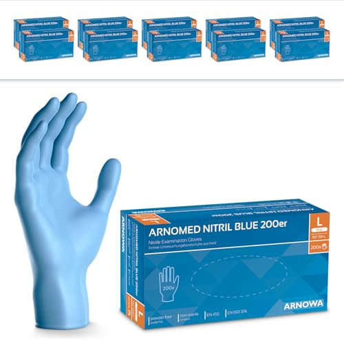 2000x ARNOMED Einweghandschuhe Blau, Einmalhandschuhe L, Nitrilhandschuhe (10x200 Stk), Handschuhe Einweg puderfrei, Gummihandschuhe Einweg, Handschuhe Nitril, Einmalhandschuhe in S, M, L & XL