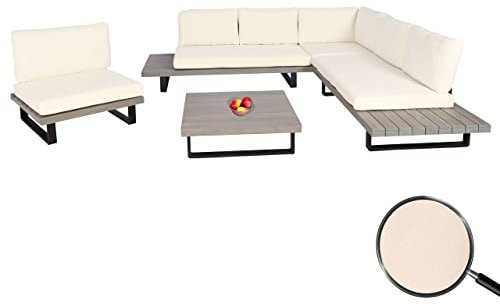 Mendler Garten-Garnitur mit Sessel HWC-H54, Lounge-Set Sofa, Spun Poly Akazie Holz MVG Aluminium - grau, Polster cremeweiß