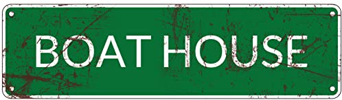 Vintage-Blechschild mit Boot-Haus, Fluss, See, Dekoration, Metallplatte, Wandplatte, Metallposter, Café, Bar, Geschäft, Bauernhaus, 40,6 x 10,2 cm