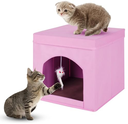 powerking Klappbare Katzenbetten für Indoor Katzen oder Kätzchen, Faltbare Katze Würfel und Katze Höhle Katze Kitty Hocker Condo, 13 x 13x 13 Zoll (Pink)