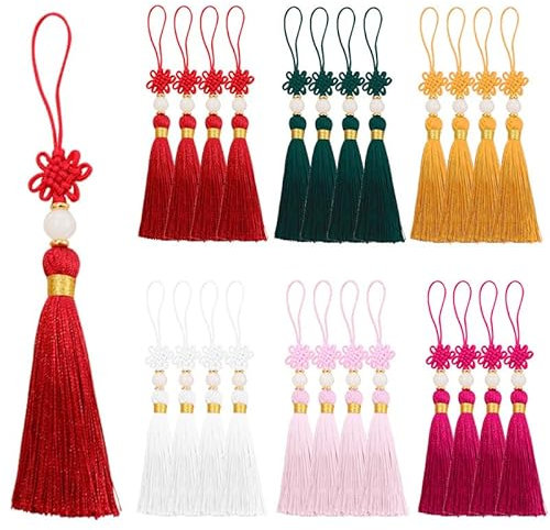 24 Stück Mini Quasten, Basicon Seidig Weiche Bunte Quasten 6 Farben Handgefertigtes Quasten mit Perlen Chinesischen Knoten für DIY Bastelzubehör Lesezeichen Wohnkultur, 4 Stück pro Farbe