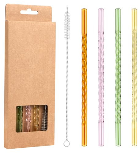 4 Pcs Glass Straws Reusable Glass Drinking Straws with Cleaning Brush, Eco Friendly Glass Straw Coloured, Dishwasher Safe Drinking Straws for Coffee Cocktail Juice Straw Hot and Cold Drinks