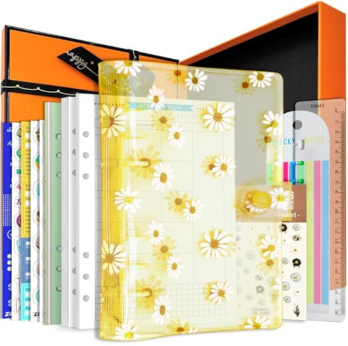 A6/A5 6 Löcher, bunter PVC-Einband, runder Ringordner mit Schnappverschluss, Loseblattordner, persönlicher Organizer (Yellow Daisy, A5 Gift Box)