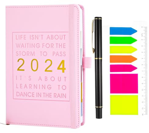 Vyuwast 2024 A5 Diary Planner Set, Diary 2024 Day to Page, Weekly&Monthly Planner with Pen and Sticky Notes, Week to View Diary Planner with Monthly Tabs, Pen Holder, Elastic Band, Pink