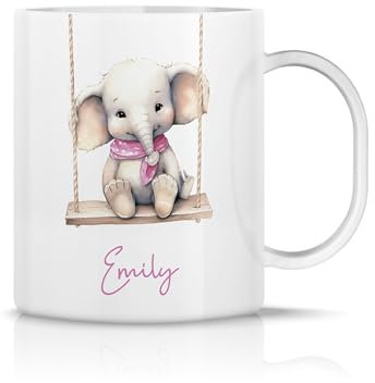 iCaseDesigner Personalised Childrens Polymer Mug - Cute Baby Elephant on a Swing - Pink Theme