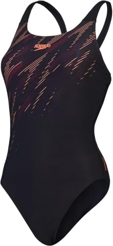 Speedo Women's Hyperboom Placement Muscleback Swimsuit | Quick Drying | Training | FitneS | Chlorine Resistant, Black/Siren Red/Plum Dandy, 38