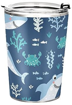 Anticsao Cute Cartonn Sharks Tumbler with Lid and Straw, Insulated Stainless Steel Tumbler Cup, Double Walled Travel Coffee Mug Thermal Vacuum Cups for Hot & Cold Drinks 12oz